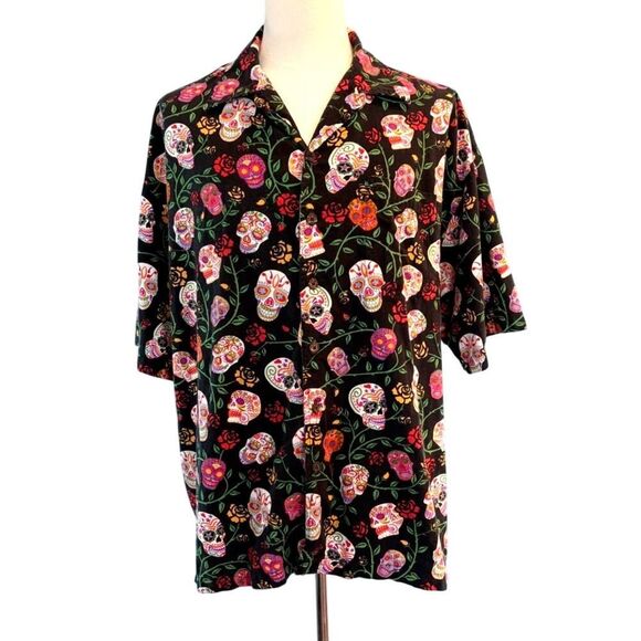 VTG David Carey Originals BLK Day of the Dead CALAVERA Skull & Roses Graphics 3X - Picture 1 of 7